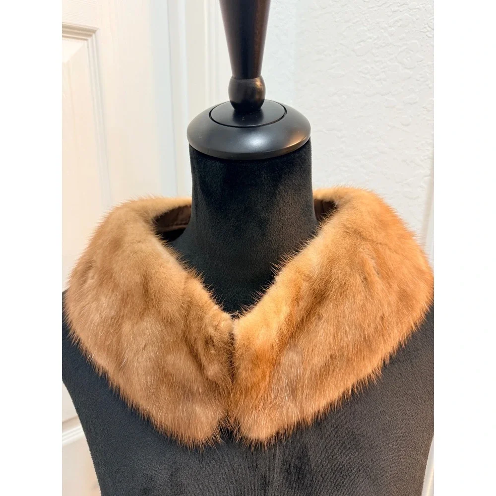 Vintage Honey Blonde Mink Fur Collar‎ Genuine Fur Scarf Wrap Brown Satin Lined